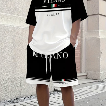 Men'S Casual "Milano Italia" Graphic Tee & Shorts Set - Black & White, Breathable Summer Outfit with Drawstring Waist, Comfortable for Casual Attire, Casual Attire|Italianinspired Design|Stretchy Fabric