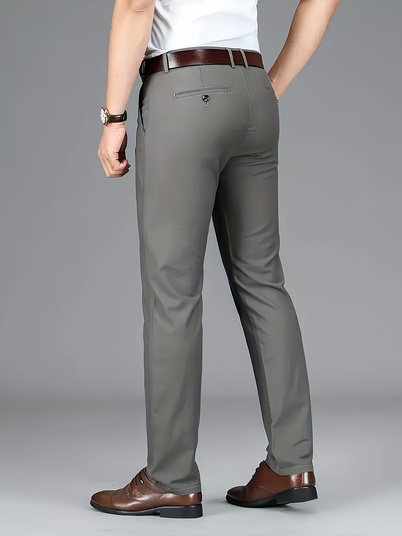 [Durable Build] Men's All-Season Casual Dress Pants - Business Style Stretch Trousers, Comfortable Classic Design, Light Brown Polyester Blend, Machine Washable, Smooth Finish, Regular Fit for Office or Leisure Wear