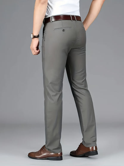 [Durable Build] Men's All-Season Casual Dress Pants - Business Style Stretch Trousers, Comfortable Classic Design, Light Brown Polyester Blend, Machine Washable, Smooth Finish, Regular Fit for Office or Leisure Wear