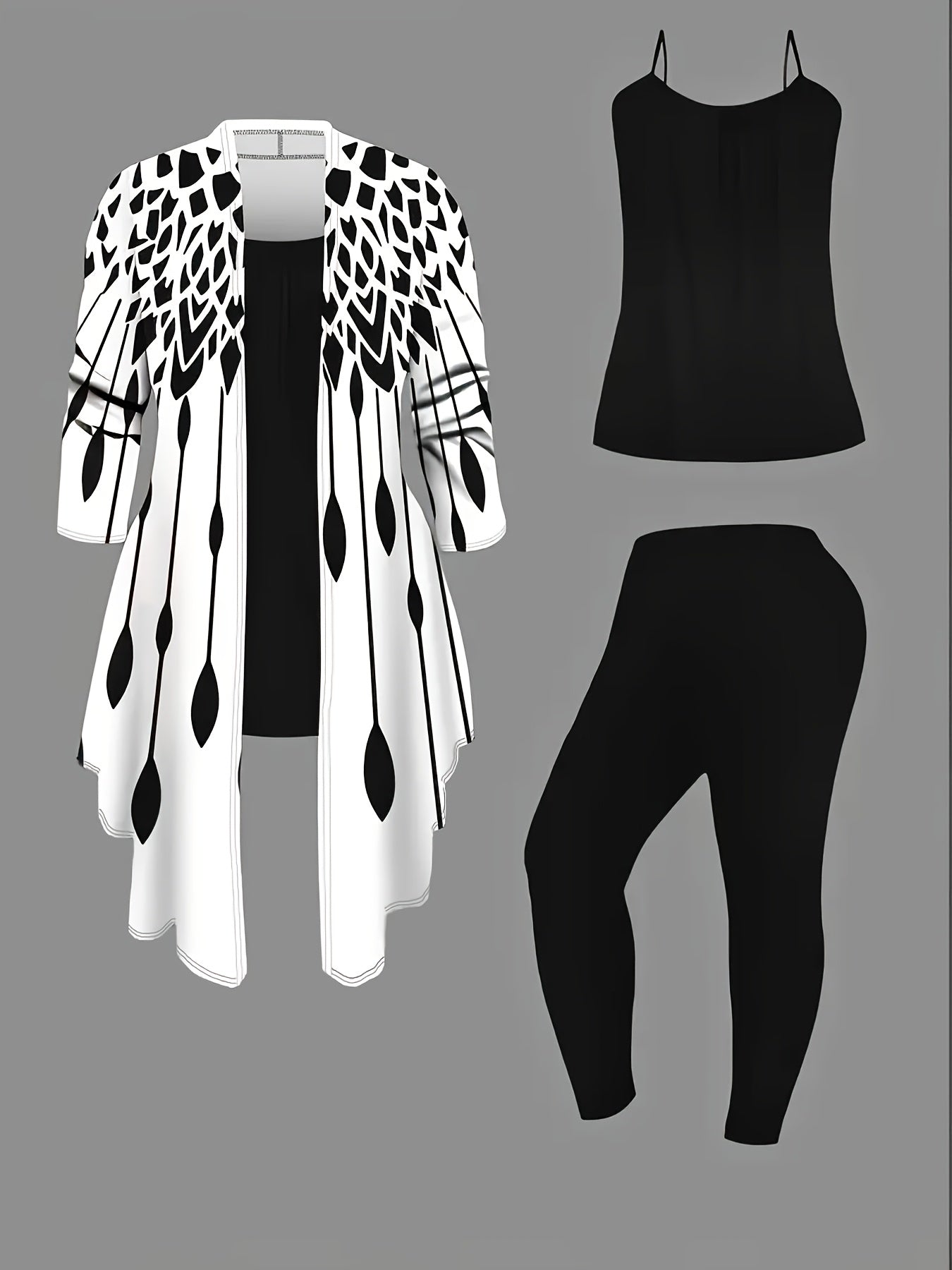 Women's 3pcs Casual Outfit: Chic Leopard Print Cardigan, Sleeveless Black Tank Top & Comfy Leggings Set - Polyester/Spandex Blend, Machine Washable