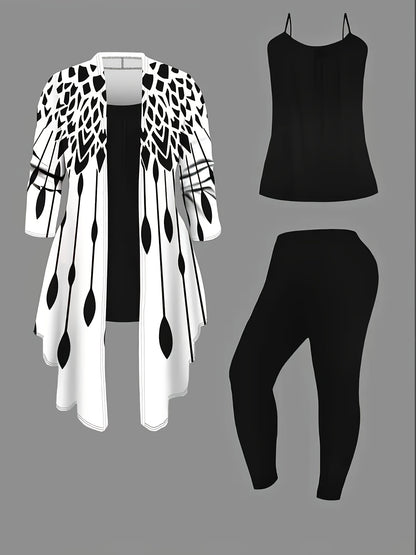 Women's 3pcs Casual Outfit: Chic Leopard Print Cardigan, Sleeveless Black Tank Top & Comfy Leggings Set - Polyester/Spandex Blend, Machine Washable