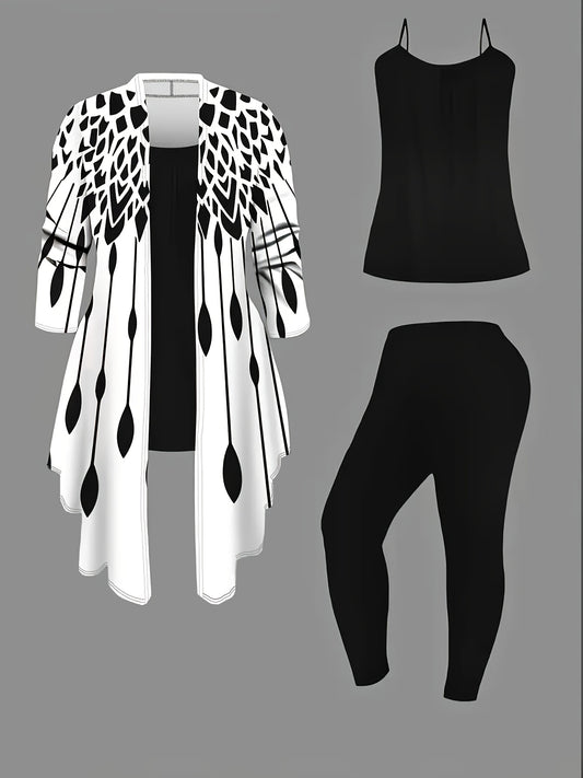 Women's 3pcs Casual Outfit: Chic Leopard Print Cardigan, Sleeveless Black Tank Top & Comfy Leggings Set - Polyester/Spandex Blend, Machine Washable