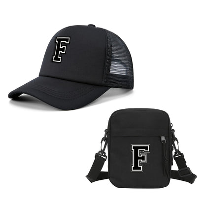 2pcs Men'S And Women'S 26-Letter Printed Trucker Hat & Bag Set, Mesh Breathable Versatile Casual Sun Hat, Suitable for Holiday Vacation, Mountain Climbing, Camping, Outdoor Street And Other Scenes, Suitable As a Birthday, Hol