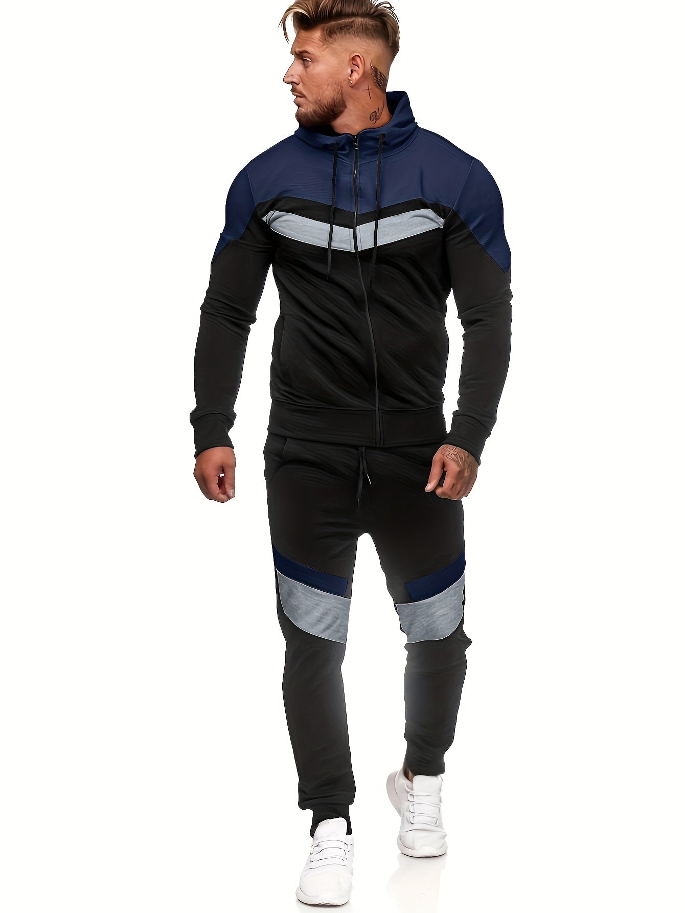 Men'S Autumn and Winter Fleece Sweatshirt Set with Hooded Drawstring Patchwork Sweatpants Casual Sporty Style Long Sleeve Jacket