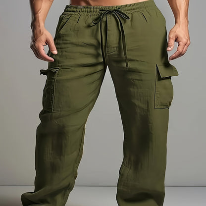 Solid Retro Men's Cotton And Linen Drawstring Long Trousers With Multiple Pockets, Outdoor Daily