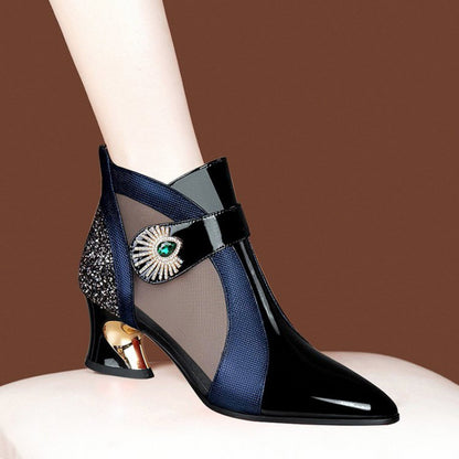 Geometric Pattern Sexy Heeled Sandals, Pointed Toe Zipper Closure, Mid Block Heel, Polyurethane Upper/Inner, Rubber Sole, Non-Washable - Fashionable Hollow Out Mesh Boots for Spring/Summer