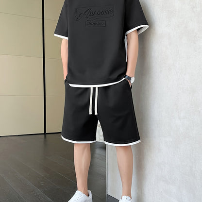 Men's Casual Fashion Sportswear Set - Light Gray "DREAMS" Print T-Shirt & Shorts, 100% Polyester, Machine Washable, Summer Outfit