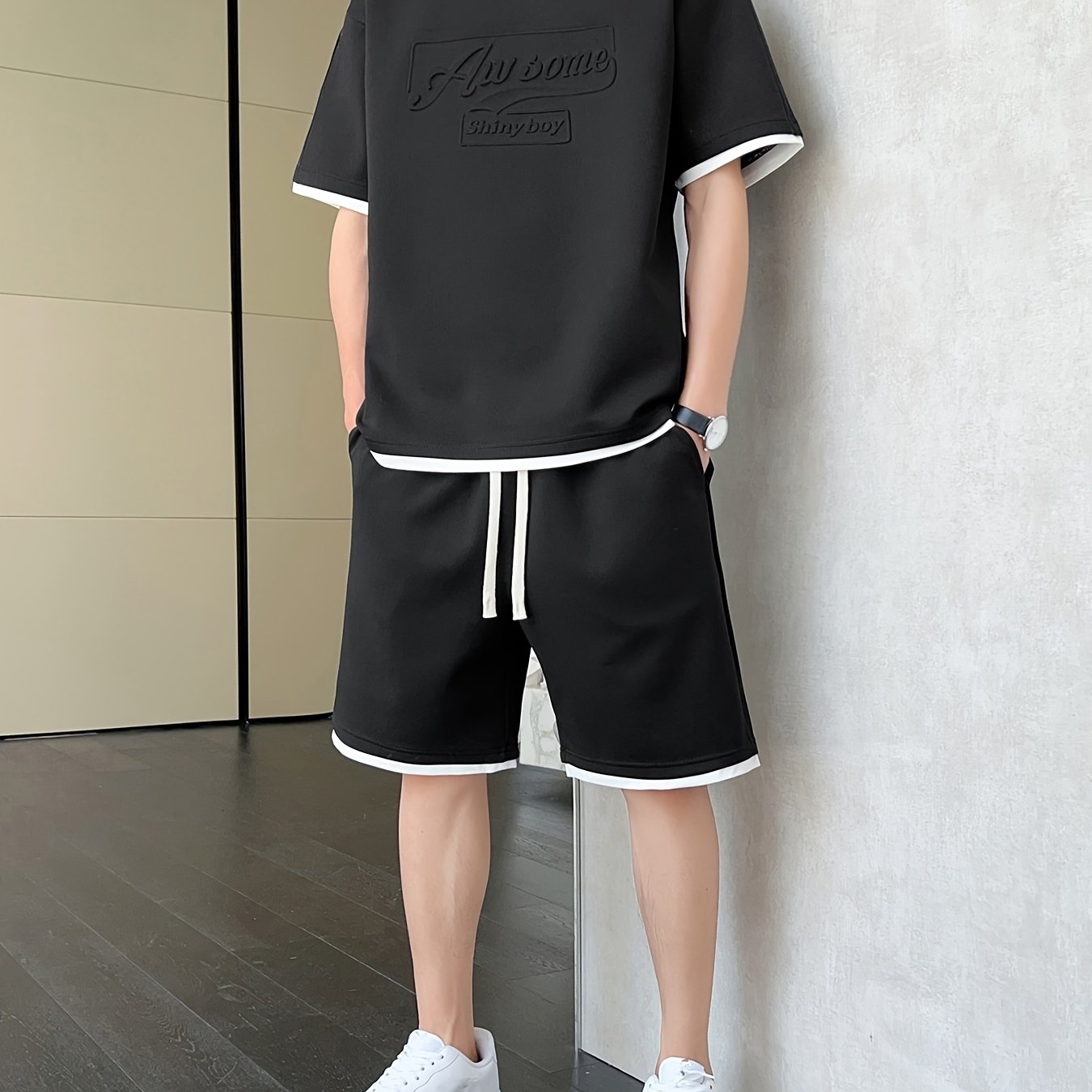 Men's Casual Fashion Sportswear Set - Light Gray "DREAMS" Print T-Shirt & Shorts, 100% Polyester, Machine Washable, Summer Outfit