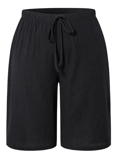 Women'S Casual Solid Color Shorts, 100% Polyester Woven Fabric, All-Season Beach Pants with Fake Drawstring, 126g/m² Weight - Black