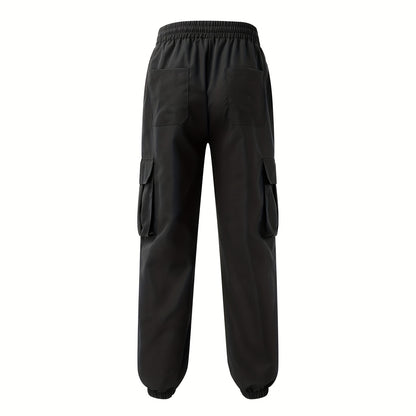 Men'S Fashion Cargo Pants, 100% Polyester Woven Fabric, All-Season Loose Fit with Drawstring Waist, Multi-Pocket Design, Solid Color, Mid Waist, Regular Length, Non-Stretch, Casual Joggers for Weekend - 160g/m²
