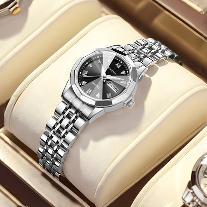 DEDIMA Women'S Luxury Stainless Steel Watch - Elegant Rhombus Design with Roman Numerals, Double Calendar, and Multifunctional Steel Strap