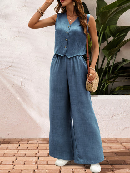 Women'S Elegant Solid Color Sleeveless V-Neck Two-Piece Set - Casual Summer Jumpsuit with Button Placket, Wide Leg Pants, and Beige Wedge Sandals, Casual Attire|Vneck Jumpsuit|Elegant Jumpsuit