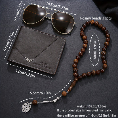 3pcs Men's Business Premium Gift Set: A professional wallet exudes sophistication, agarwood beads enhance workplace wisdom, and high-definition glasses ensure clear vision. The complete set showcases elegance for business gif