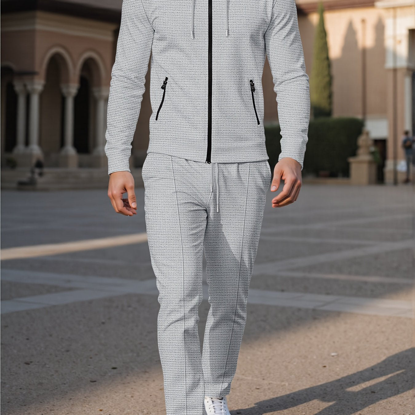 New Style Autumn Men's 2pcs Set, Casual Hooded Long Sleeve Zip-Up Sweatshirt and Drawstring Jogger Pants with Pockets, All-Season Outfit for Men