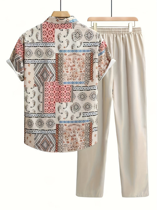 2pcs Summer Men'S Print Shirt and Pants Set Vacation 2pcs Suit, Perfect for Outdoor
