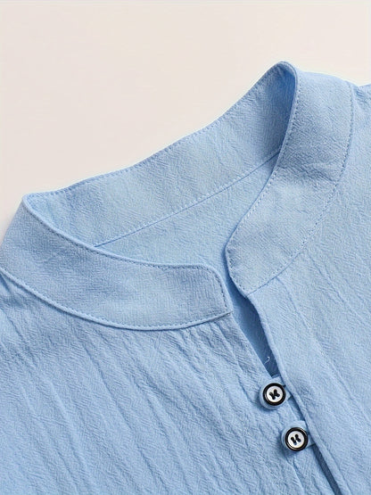 Classic Design Men's Solid Color Stand Collar Long Sleeve Button Up Top Shirt, Pure Cotton Spring And Autumn Fashion Cotton Tops For Daily And Casual Outerwear