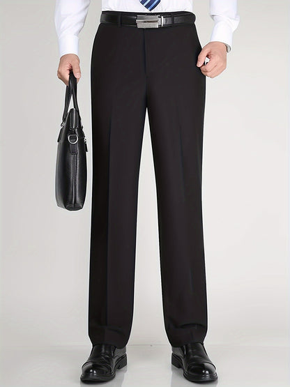 Men's Classic Straight Fit Pants - Lightweight Polyester Blend, High Waist, Button Closure, Suitable for Year-Round Wear