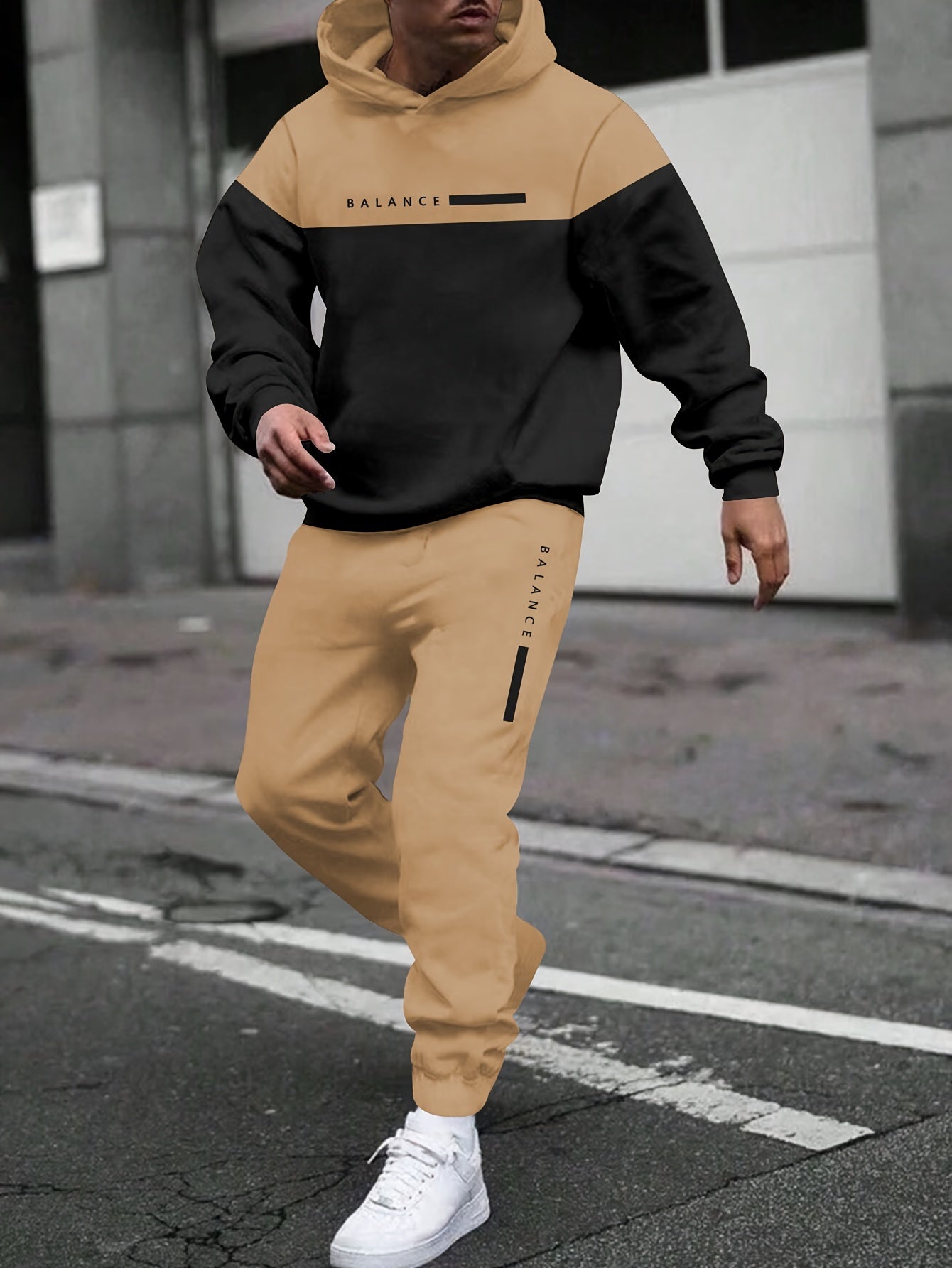 Men'S Fall/Winter Casual Polyester Sweatsuit Set - Long Sleeve Hooded Top with Letter Print & Patchwork Design, Regular Fit Drawstring Joggers, Knit Fabric, Slight Stretch