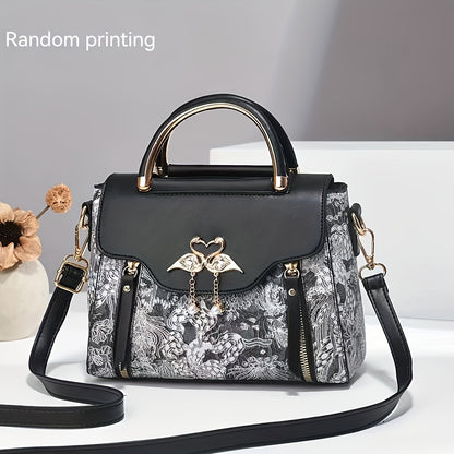 Elegant Handbag for Wo, Geometric Print, Multi-Layered Fashion Handbag with Zipper Closure, Polyester Lined, Edge Paint Detail, Versatile for Various Occasions - Blue/White/Pink/Black