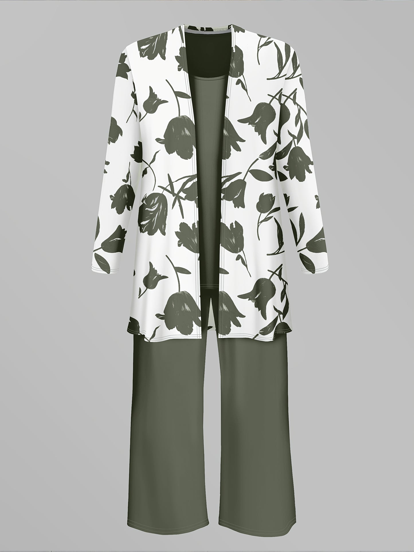 Women'S 3pcs Set, Floral Print Cardigan with Solid Color Cami and Wide-Leg Pants Casual Outfit