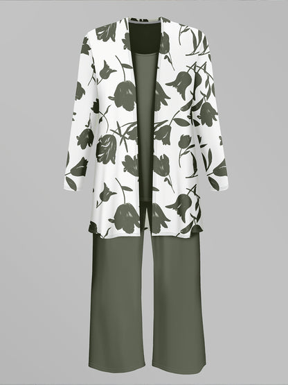 Women'S 3pcs Set, Floral Print Cardigan with Solid Color Cami and Wide-Leg Pants Casual Outfit