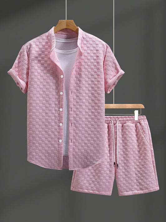 Men'S Casual Summer Short Sleeve Shirt & Shorts Set - Light Blue, Button-Up, Polyester, Perfect for Casual Attire, Parties, and Outdoor Activities, Casual Summer Wear|Short Sleeve Shirt|Polyester Fabri