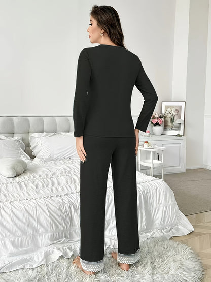Elegant Women'S Lace-Trimmed Long Sleeve Knit Pajama Set - V-Neck, Solid Color, Ribbed Detail, Perfect for Spring & Fall, Comfortable Loungewear, Relaxed Fit Pajamas | Vneck Top & Long Sleeve Pants | Polyester Blen