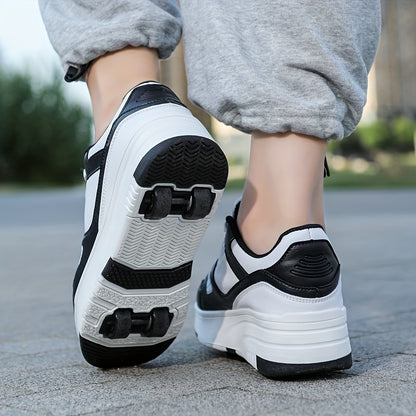 Kids Unisex Skateboard Shoes, 8-Wheel Removable Roller Skates, Plaid Fabric Low Top Sneakers, Lace-Up, TPR Sole, Fabric Insole, for Hiking & Casual Wear, Suitable for Boys & Girls Ages 14 and Under, All-Season