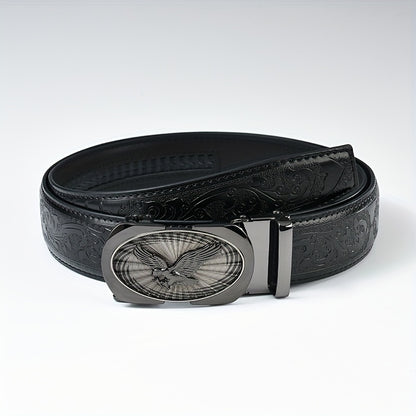 Men's Black Leather Belt with Automatic Buckle - Embossed Eagle Design Business Casual Belt for Office & Formal Occasions, Durable Gift for Father's Day & Business Partners, Sophisticated Detailing