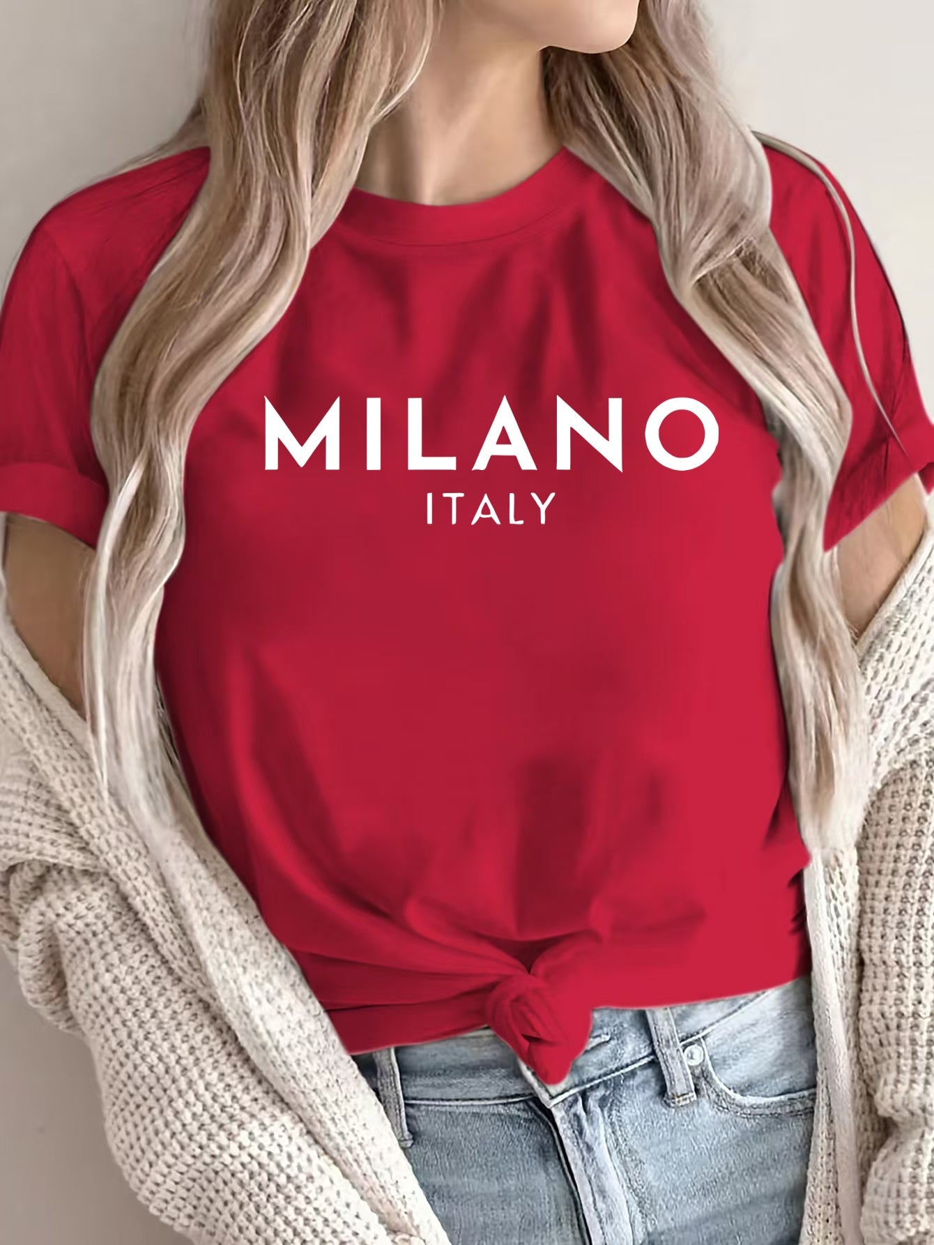Women'S Casual Polyester T-Shirt with "Milano Italy" Letter Print, Short Sleeve Crew Neck Top, All-Season Knit Fabric Tee, Regular Length - 180gsm