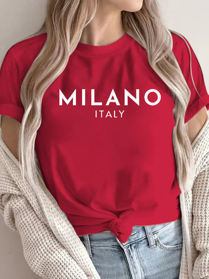 Women'S Casual Polyester T-Shirt with "Milano Italy" Letter Print, Short Sleeve Crew Neck Top, All-Season Knit Fabric Tee, Regular Length - 180gsm