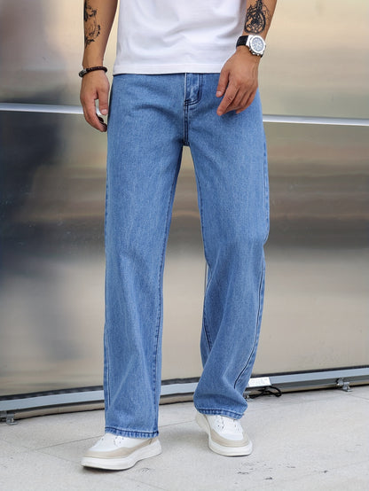 Loose Cotton Blend Men's Solid Wide Leg Pants, Men's Casual Denim Pants, All Seasons