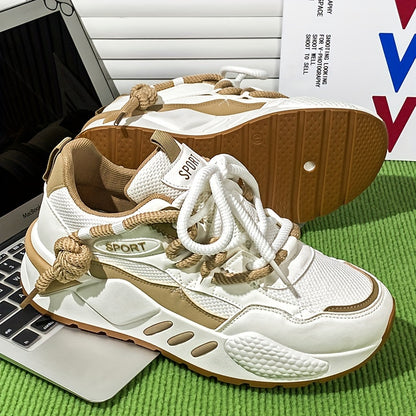 Women's Lightweight Running Shoes - Breathable Mesh & PU Foam Upper, Neutral Support Design, All-Season Comfort with Durable Rubber Sole for Gym, Walking, Casual Wear - White & Beige, Gym Trainers | Sleek Trainers | Fabric In