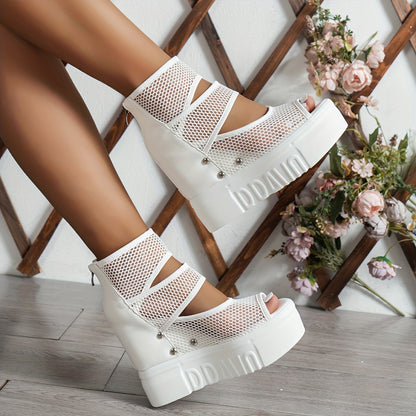 Women's Stylish Solid Color Sandals, Back Zipper Platform Soft Sole Studded Wedge Sandals, Mesh Breathable Vacation Shoes