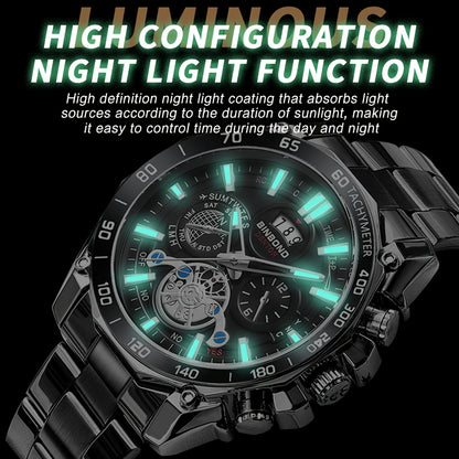 BINBOND Men's Luxury Quartz Watch - Sleek Black, Waterproof with Calendar & Luminous Hands, Stainless Steel Band, Date Display, Chronograph & World Time Features for Business Casual