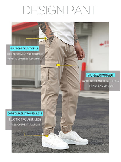 1pc Men'S Casual Polyester Cargo Pants - Mid Waist Elastic Joggers with Multiple Pockets, Non-Stretch Solid Color, Regular Fit for Weekend Wear - Spring/Fall Fashion Trousers