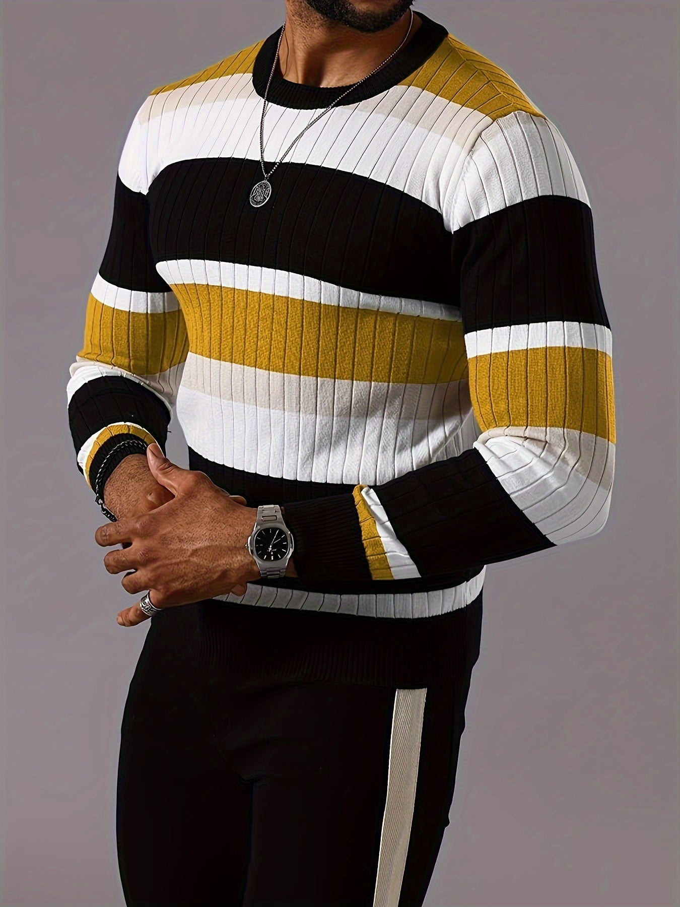Men's Striped Color-Block Ribbed Knit Sweater - Long Sleeve Round Neck Pullover with Elastic Comfort Fit, Machine Washable Casual Fall Winter Top in Black/White/Green/Beige, Knit Sweater, Medium Elasticity