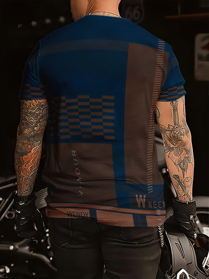 Men'S Navy & Brown Plaid Short Sleeve T-Shirt - "Union" Logo, Casual Crew Neck, All-Season Comfort, Regular Fit, Casual Attire | Plaid Pattern Top | Glossy Finish, PLUS SIZE