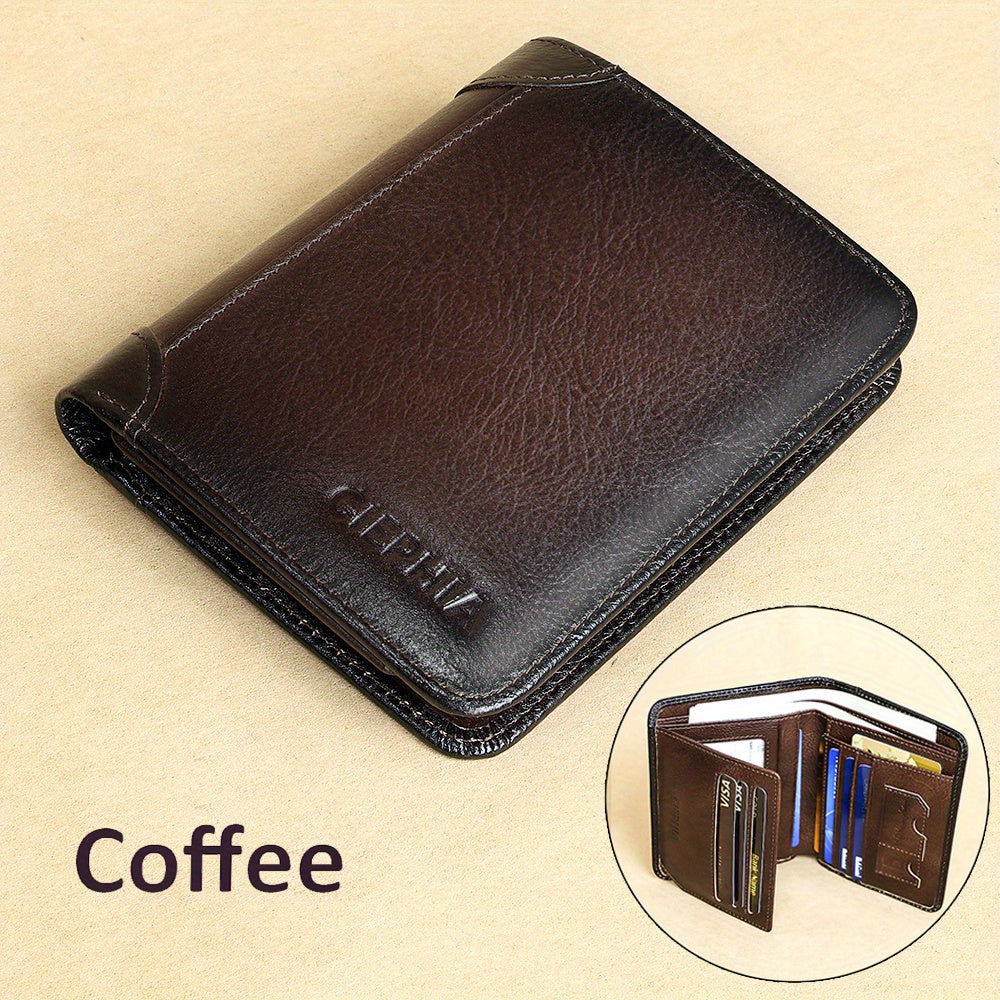 1pc CIEPHIA Vintage Genuine Leather RFID Blocking Wallet for Men - Slim, Multi-Functional ID & Credit Card Holder, Deep Brown with Embossed Logo, Ideal Gift for Valentine's Day