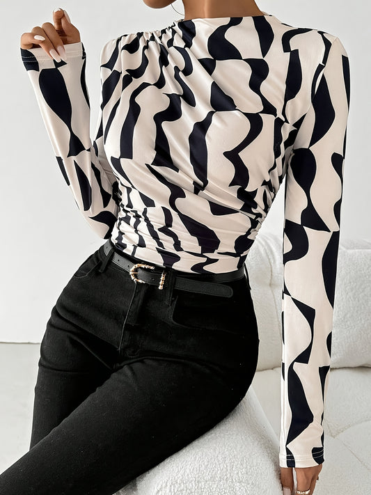 Women'S Chic Asymmetrical Geometric Print Pleated Edge T-Shirt - High Neck, Slim Fit, Black & White Design, Perfect for Spring/Summer/Fall, Versatile Fashion Item|Slim Fit Top|Glossy Texture