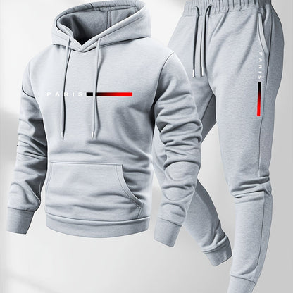 Men's Hoodie and Drawstring Sweatpants Set with PARIS Letter Print