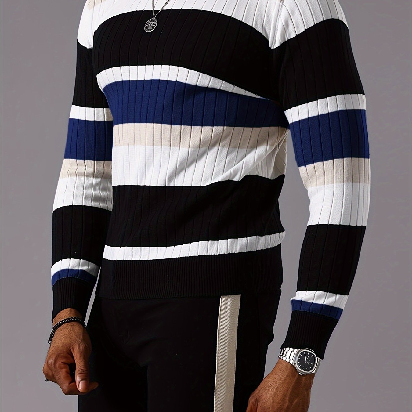 Men's Striped Color-Block Ribbed Knit Sweater - Long Sleeve Round Neck Pullover with Elastic Comfort Fit, Machine Washable Casual Fall Winter Top in Black/White/Green/Beige, Knit Sweater, Medium Elasticity