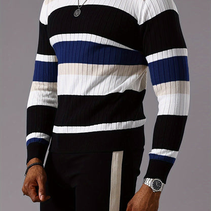 Men's Striped Color-Block Ribbed Knit Sweater - Long Sleeve Round Neck Pullover with Elastic Comfort Fit, Machine Washable Casual Fall Winter Top in Black/White/Green/Beige, Knit Sweater, Medium Elasticity