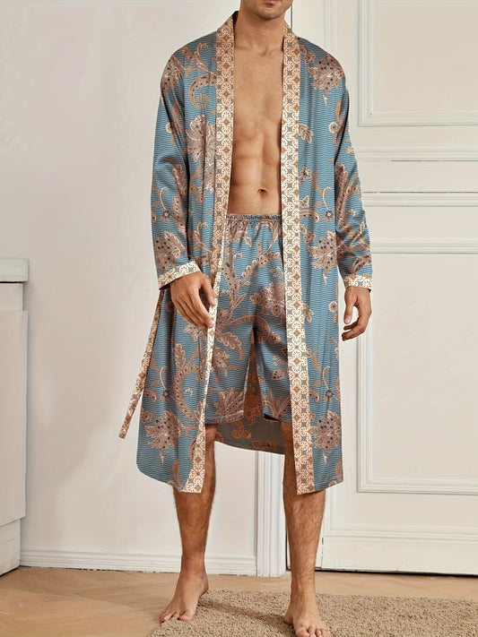 Men's Sleep Robe, Elegant And Light Luxury Pajamas Set, Stylish Gorgeous Floral Print, V-neck Long Sleeve Sleep Robe And Shorts, Sleep Wear Robe Set For Home Wear