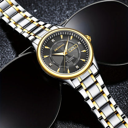 Stainless Steel Men's Quartz Watch with Luminous Hands, Dual Calendar, Date Display & High Quality IPX7 - Golden-Tone Dial, Accents for Business, Casual, Travel - Ideal Birthday Holiday Gift, Business Casual Watch | Sleek Met
