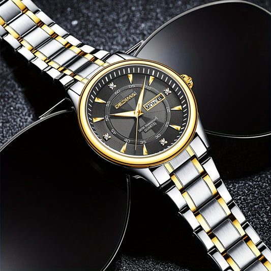 Stainless Steel Men's Quartz Watch with Luminous Hands, Dual Calendar, Date Display & High Quality IPX7 - Golden-Tone Dial, Accents for Business, Casual, Travel - Ideal Birthday Holiday Gift, Business Casual Watch | Sleek Met