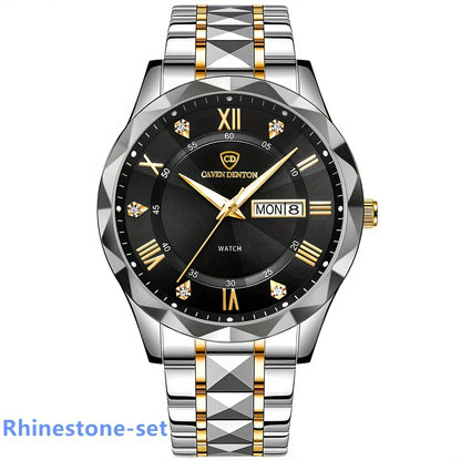 Fashionable Men'S Quartz Watch with a Diamond-shaped Dial, IPX7 Waterproof, Dual Calendar, Luminous Steel Strap, Business Watch