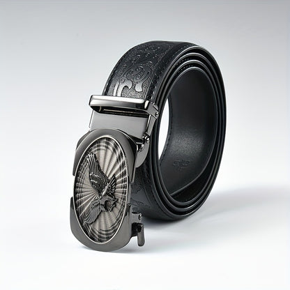 Men's Black Leather Belt with Automatic Buckle - Embossed Eagle Design Business Casual Belt for Office & Formal Occasions, Durable Gift for Father's Day & Business Partners, Sophisticated Detailing