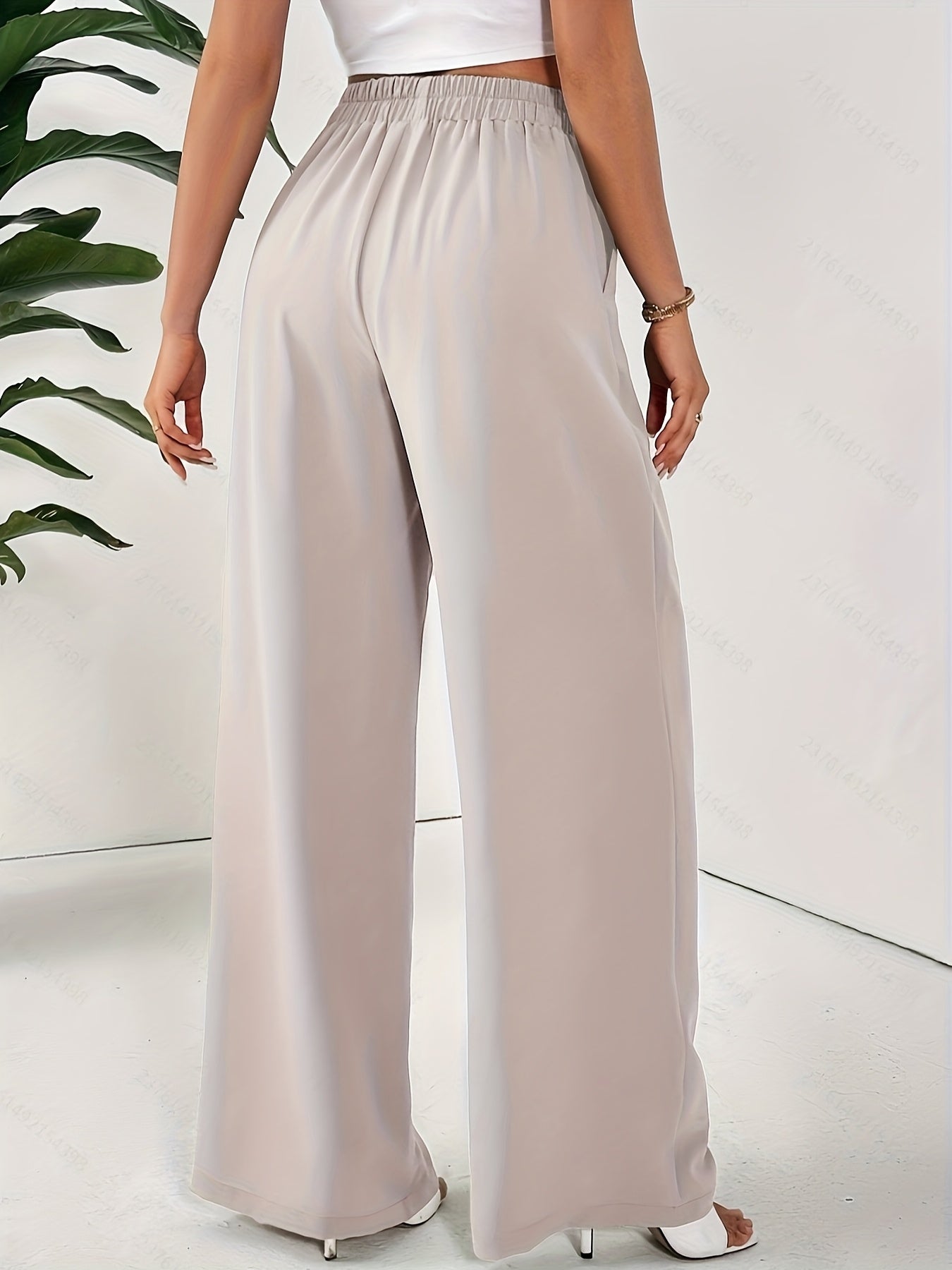 Women'S Elegant Wide Leg Pants - Beige Loose Fit with Elastic Waist, Comfortable Polyester Fabric for Spring/Summer Vacations, Casual Chic Style