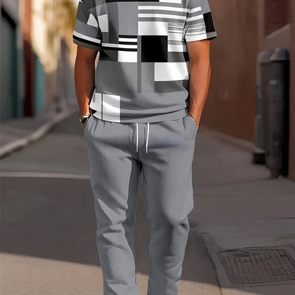 Men'S Casual Geometric Sweat Suit - Sporty Polyester Blend, Crew Neck, Short Sleeve, Regular Fit, All-Season Track Suit